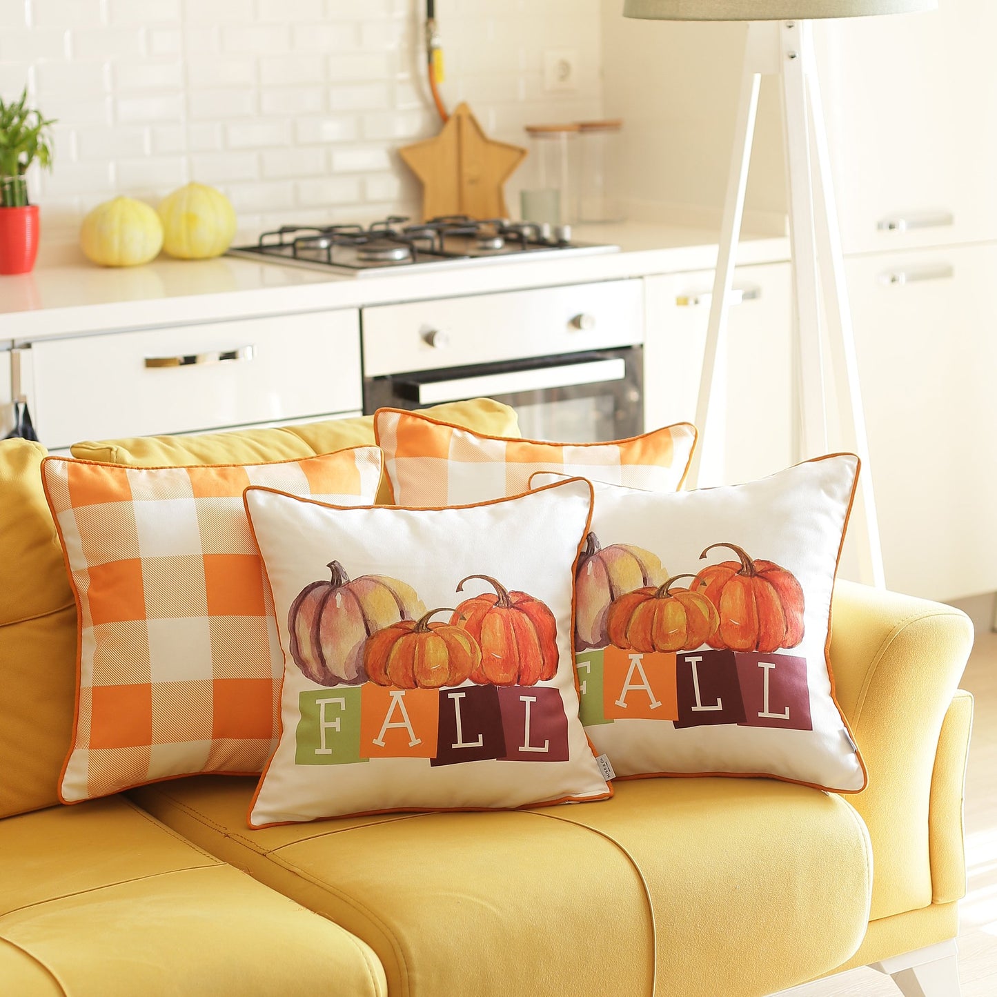 Fall Season Pumpkin Gingham  Square 18" Throw Pillow Cover (Set of 4)