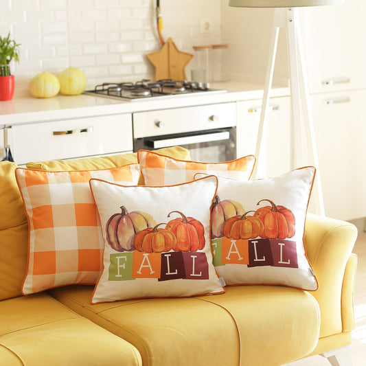 Fall Season Pumpkin Gingham  Square 18" Throw Pillow Cover (Set of 4)