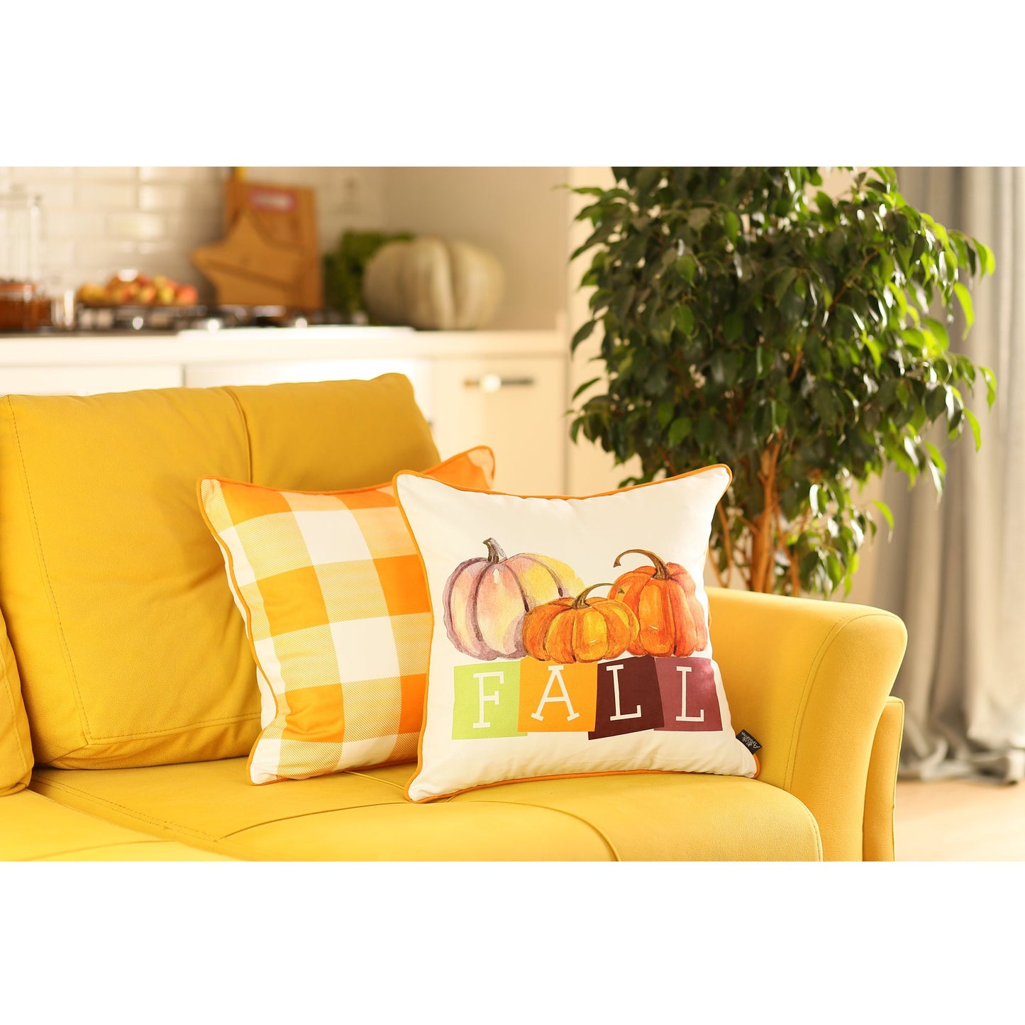 Fall Season Pumpkin Gingham  Square 18" Throw Pillow Cover (Set of 4)