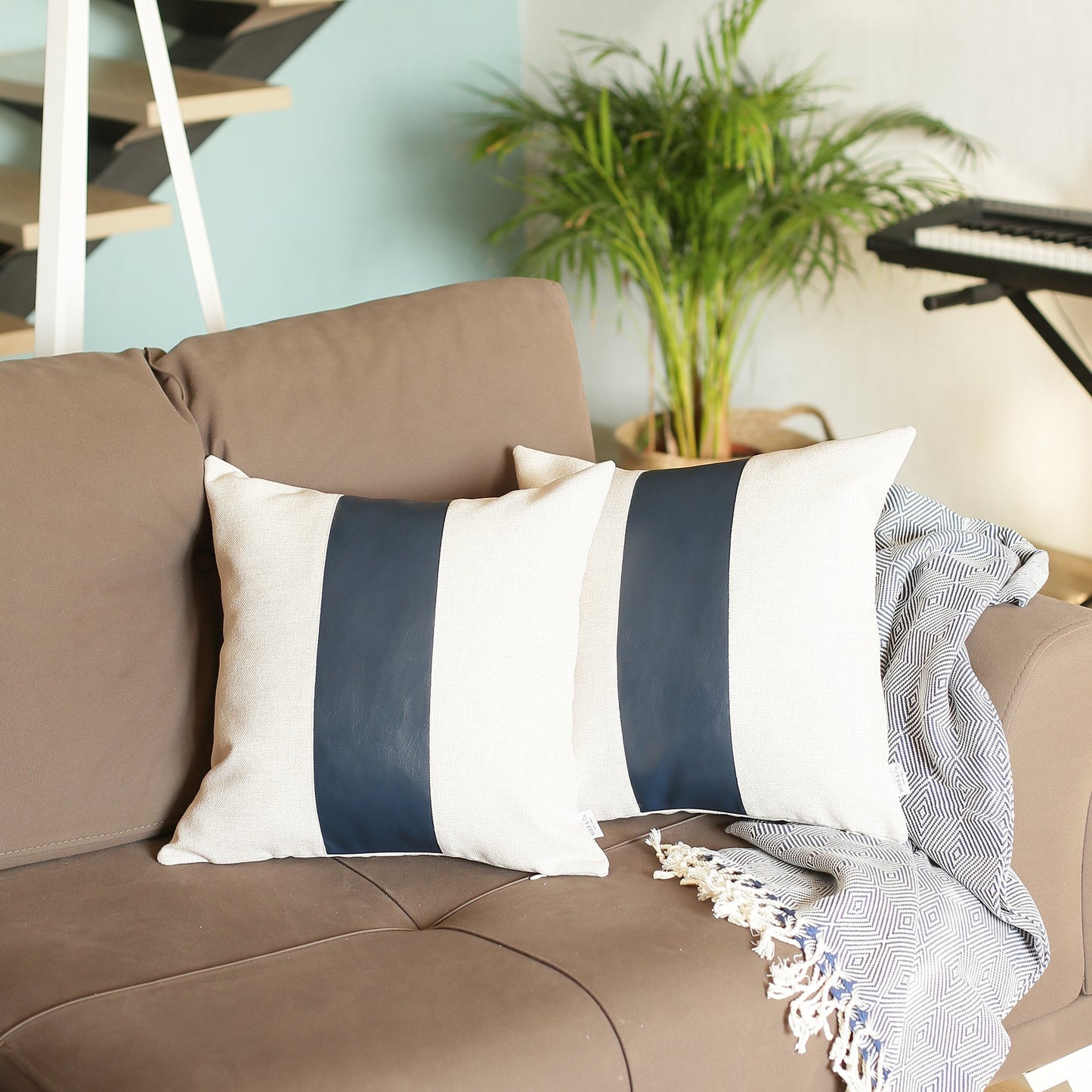 Boho Set of 2 Handcrafted Decorative Throw Pillow Cover Vegan Faux Leather Solid for Couch, Bedding