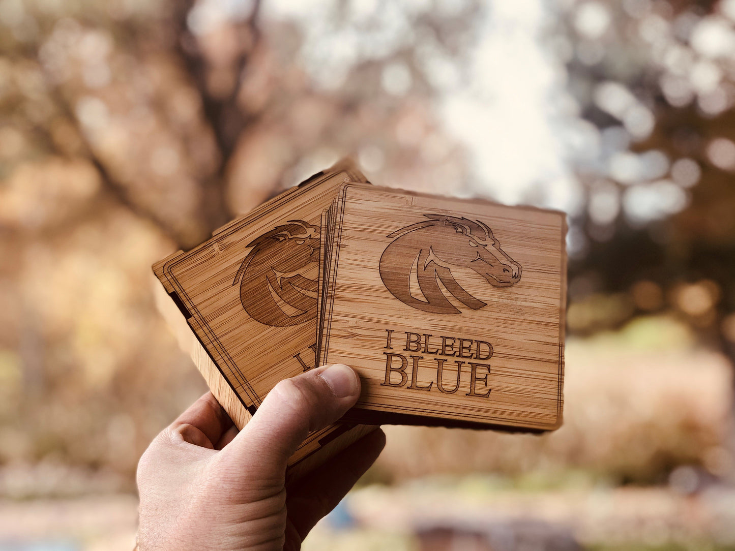 Solid Bamboo Coasters & Matching Box | BSU Broncos